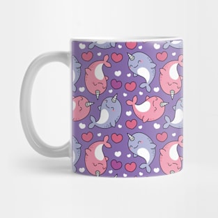 Cute Narwhal Pattern - Pink and Purple Hearts Mug